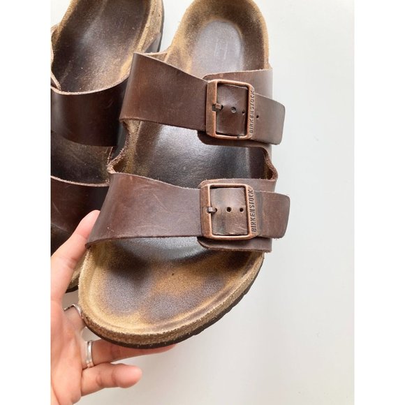 Lot of 2 BIRKENSTOCK Arizona Brown Oiled Leather Strappy Sandals Slides, Size 44 - Picture 5 of 16